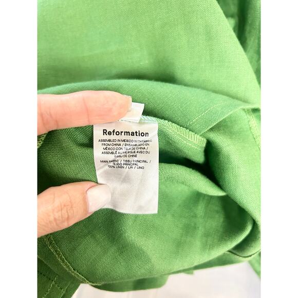 Reformation Greyson Shirred Square Neck Linen Mini Dress Green Women's Size XS - Picture 5 of 5